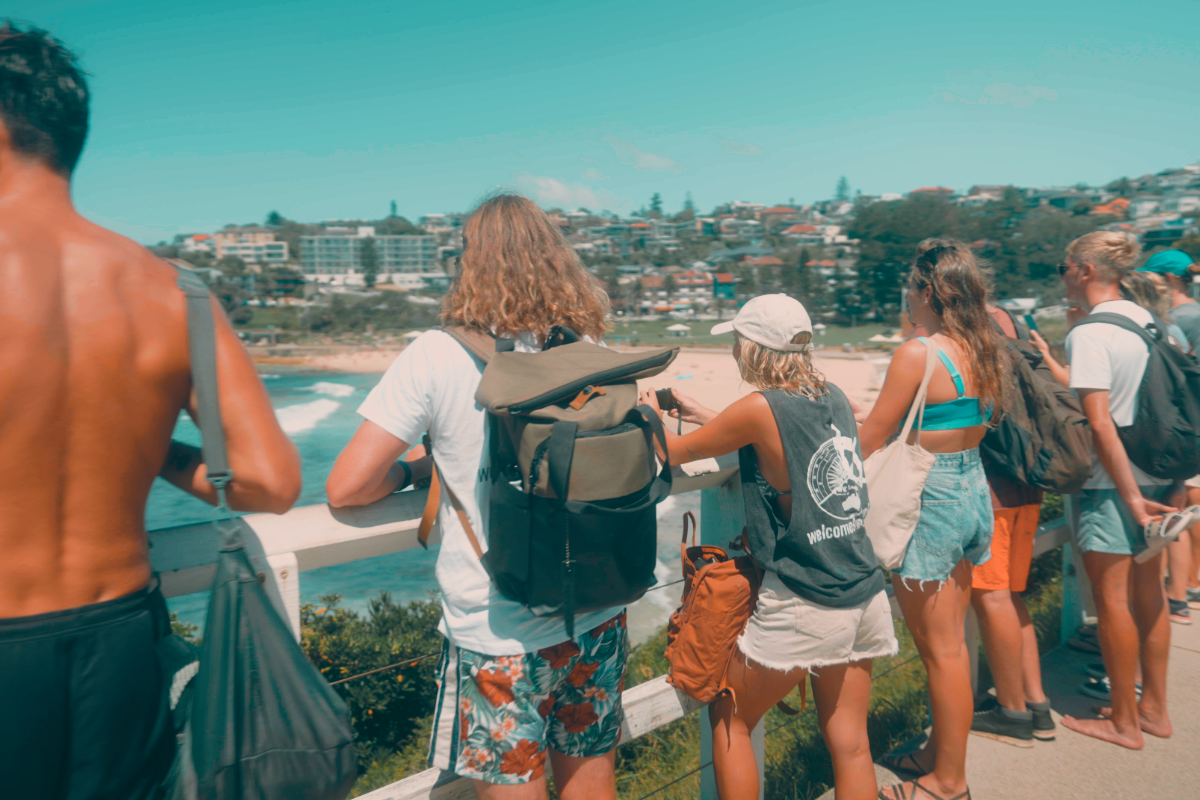 An instagrammable picture of a group with the backdrop of a beach and cliffs